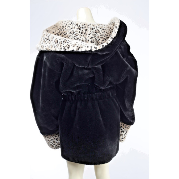 Vintage Black Faux Fur Shearling Coat Leopard Print Collar Cuffs Plush Size M - Picture 9 of 14